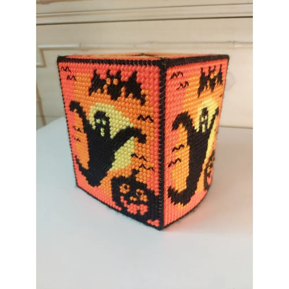 Vintage Handmade Needlepoint Tissue Box Holder Plastic Canvas Halloween Fall